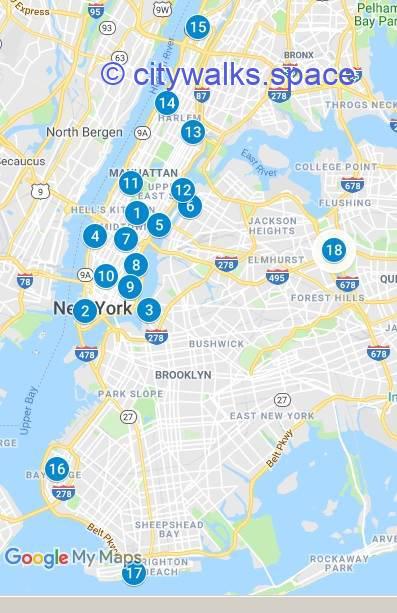 New York map of 18 NYC self-guided tours